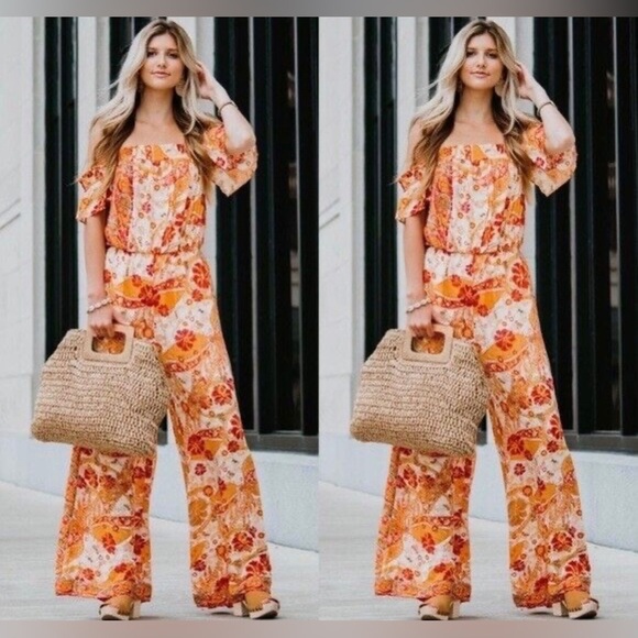 Free People|Carmen Jumpsuit,Boho floral wide leg jumpsuit-off the shoulders••• - Picture 5 of 15